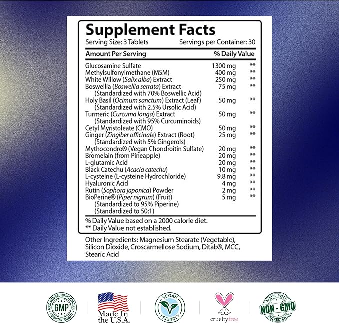 Research Verified Joint Support - Glucosamine, MSM, Turmeric, Boswellia, BioPerine - Vegan - 270 Capsules - 3 Month Supply