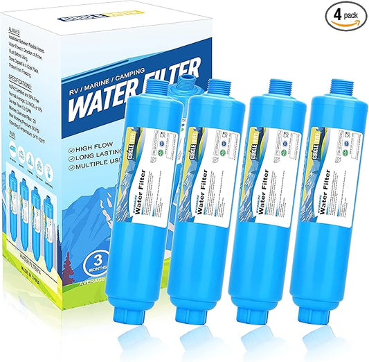 RV Inline Water Filter, NSF Certified, 20 Microns Camper Water Filter, Reduces Bad Taste, Odors, Chlorine, Sands, Ideal for RV, Garden, Pets and Marine, 4 Pack
