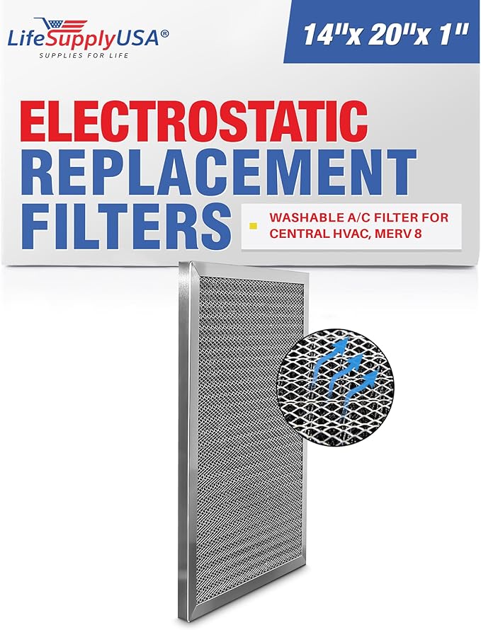 14x20x1 Electrostatic Air Filter, MERV 8, Washable, Reusable Furnace AC/HVAC Filter, Energy Saving, Easy to Clean, Long-Lasting by LifeSupplyUSA