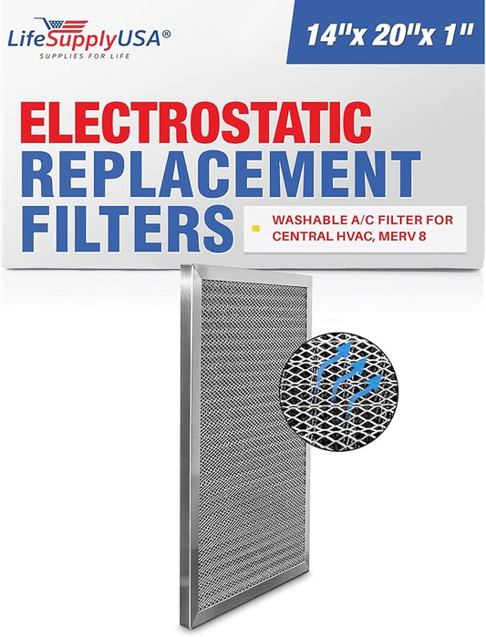 14x20x1 Electrostatic Air Filter, MERV 8, Washable, Reusable Furnace AC/HVAC Filter, Energy Saving, Easy to Clean, Long-Lasting by LifeSupplyUSA