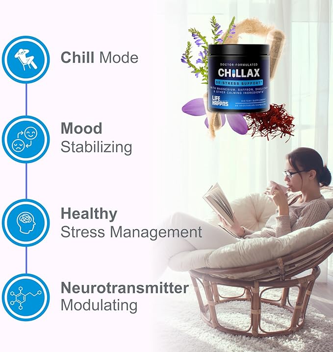 Life Happns Chillax, Calm Support Supplement, L Theanine, Magnesium, GABA and Saffron Supplements for Relaxation, Natural Mood Health Support for Adults, Calming and Relaxing, 60 Capsules