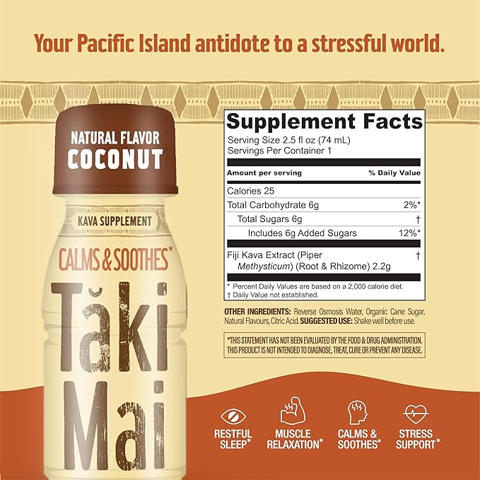 Taki Mai Coconut Kava Kava 2.5 oz (6-pack) Shots – Noble Kava Root Drink, Ready to Drink for Stress Support & Relaxation, Fast Acting Herbal Support for Calming Better Sleep and Balanced Mood