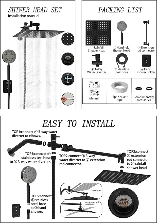 Shower Heads with Handheld Spray Combo 10" Matte Black High Pressure Rain Shower Head 11" Adjustable Extension Arm and 5 Settings Adjustable SUS 304 Handheld Showers, Shower Head Rainfall