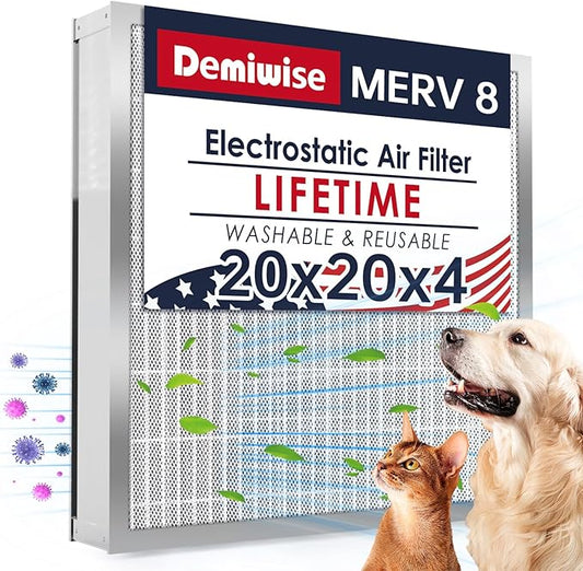 20x20x4 Washable Electrostatic Air Filter, MERV 8 Aluminum AC/HVAC Furnace Filter, Reusable Permanent Air Filter, Lasts a Lifetime, Increases Airflow（Actual Size:19.37"x 19.37"x3.58")