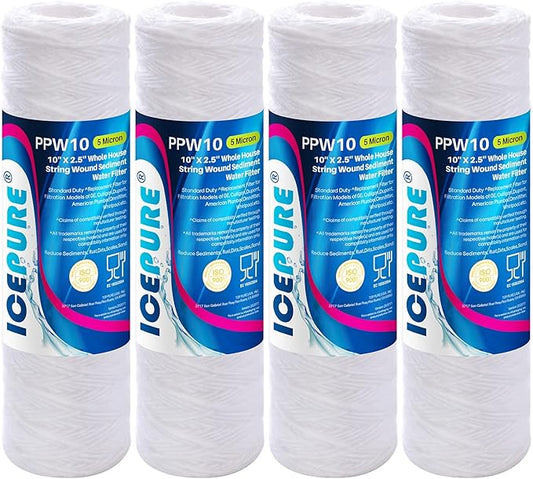 5 Micron 10" x 2.5" String Wound Sediment Water Filter Cartridge for Well filter Universal Replacement for Any 10 inch RO Unit, WP-5, Aqua-Pure AP110, CFS110, Culligan P5, WFPFC4002, WP-5, CW-MF,4PACK