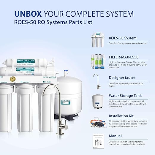 APEC Water Systems ROES-50 Reverse Osmosis Water Filter Essence Series Top Tier 5-Stage WQA Certified Ultra Safe Reverse Osmosis System