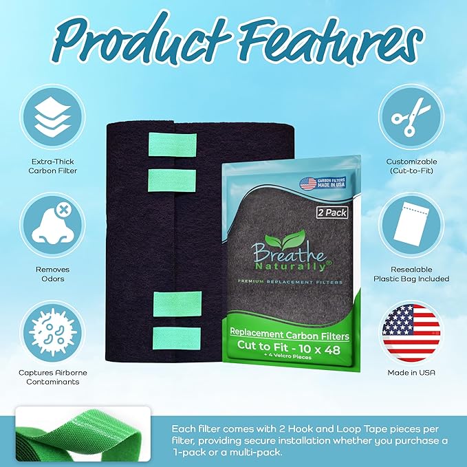 Breathe Naturally Universal Cut To Fit Carbon Activated Air Filter - Replacement Charcoal Filters - Pre Filter Carbon Sheet for Air Purifier, Vent Filters & More - Made in USA (Pack of 2, 10x48)