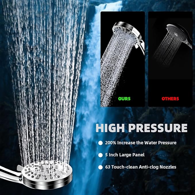 Filtered Shower Head with Handheld, High Pressure 10 Spray Mode Showerhead for Hard Water with 79 Inch Extra Long Stainless Hose, 5 Inch Panel, Bracket, Filters, Anti-clog Nozzles, Water Saving Spray