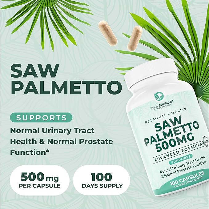 PurePremium Saw Palmetto 500 mg for Men/Women – Maximum Strength Saw Palmetto Extract | Powder Capsules Supplement - Support Normal Urinary Tract, Prostate Health/Hair - 3 Months Supply - 100 Tablets
