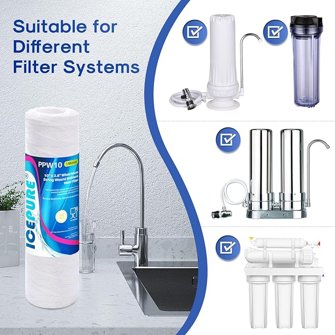 5 Micron 10" x 2.5" String Wound Sediment Water Filter Cartridge for Well filter Universal Replacement for Any 10 inch RO Unit, WP-5, Aqua-Pure AP110, CFS110, Culligan P5, WFPFC4002, WP-5, CW-MF,4PACK