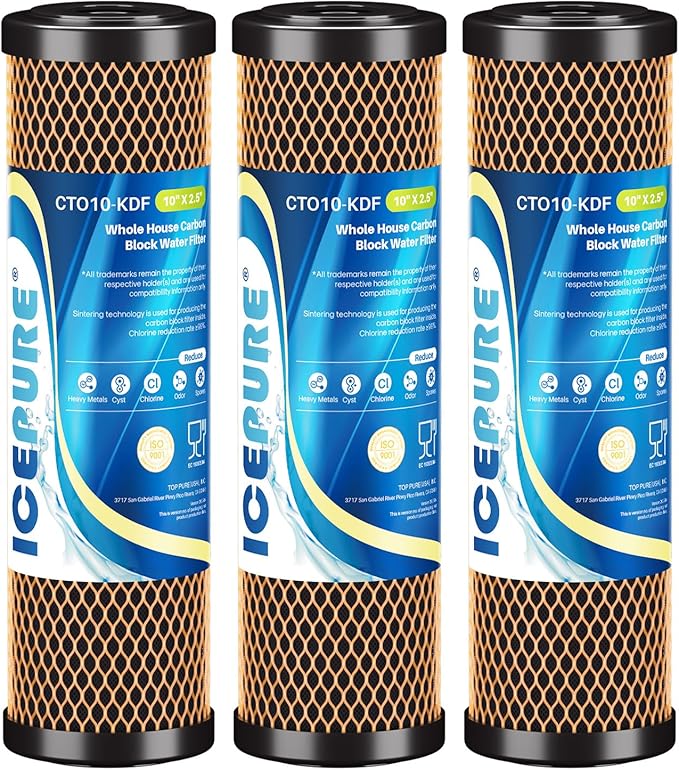 ICEPURE 1 Micron 2.5" x 10" Whole House Water Filter Coconut Shell Activated CTO Carbon and KDF Cartridge for Home, Compatible with WFPFC8002, WFPFC9001, FXWTC, SCWH-5, WHEF-WHWC, AMZN-SCWH-5, 3PACK