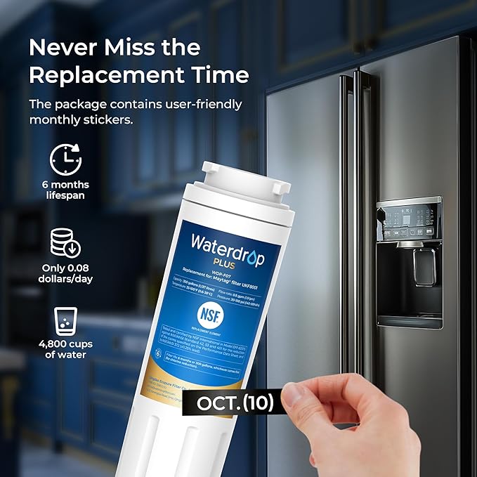 Waterdrop Plus UKF8001 NSF 401, 53 Certified Refrigerator Water Filter, 𝐑𝐞𝐝𝐮𝐜𝐞 𝐏𝐅𝐀𝐒, Replacement for Whirlpool® Everydrop® Filter 4, EDR4RXD1, Maytag® UKF8001AXX (Package May Vary)