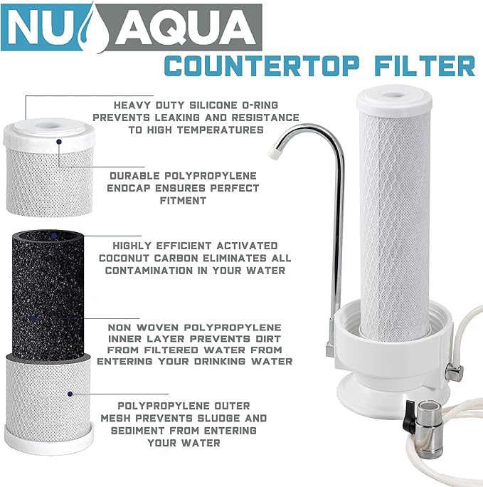 NU Aqua Countertop Water Filter System 1 Stage w/Chrome Faucet + Extra Replacement Carbon Filter - Over The Counter Top Drinking Water Purifier Filtration & Dispenser for Kitchen Sink - 120-Day Trial