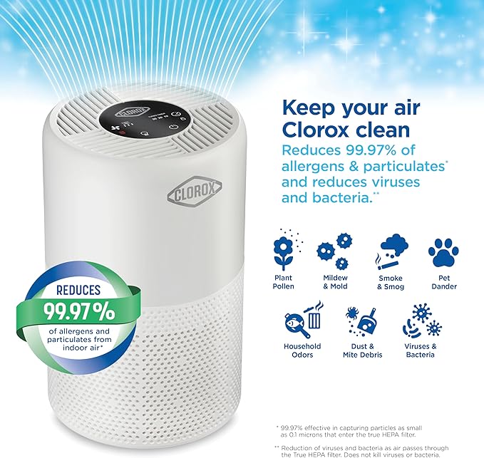 Clorox Turbo Air Purifiers for Home, True HEPA Filter, Quickly Cleans Medium Rooms Up to 1,000 Sq Ft, Reduces 99.9% of Mold, Viruses, Wildfire Smoke, Allergens, Pet Allergies, Dust, Whisper Quiet