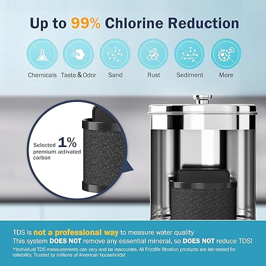 Frizzlife 2.25G Gravity-fed Water Filter System, NSF/ANSI 42&372 Standards, Countertop Water Filter Reduces Chlorine, Bad Taste & Odor, 304 Stainless Steel Countertop System for Home, Emergency, G210
