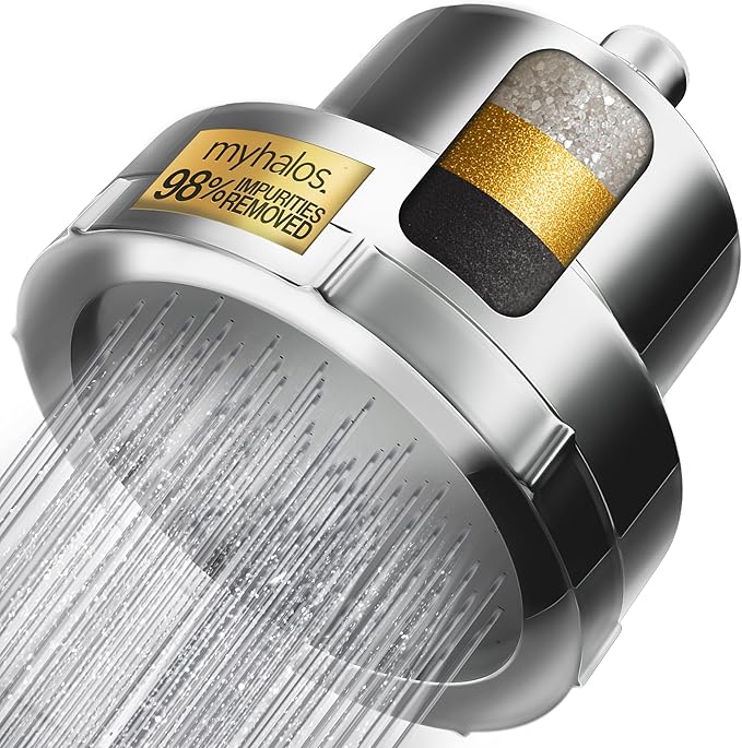 MyHalos® Filtered Shower Head for Hard Water Filter - High Pressure, Removes Chlorine - Shower Head Filter for Hard Water Softener Showerhead, Easy Install, For Hair & Skin, Filtering (Chrome)