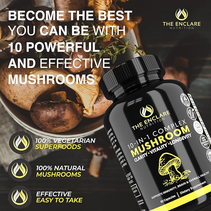 THE ENCLARE NUTRITION Mushroom Supplement - 10in1 Complex Immune Support, Energy, Nootropic Brain, Immunity Booster Lions Mane,Reishi,Turkey Tail,Cordyceps,Chaga,Maitake,Shiitake,Agaricus(3)