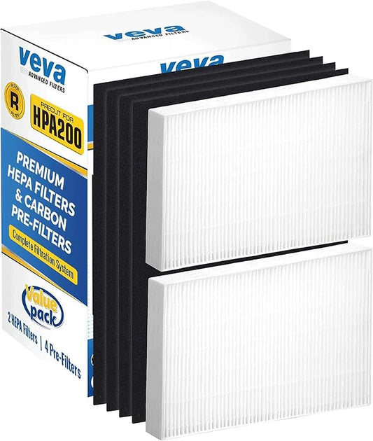 HPA200 Replacement Filters for Honeywell Air Purifier - 2 HEPA Filters w/ 4 Carbon Pre-Filters, Compatible with HPA200, 202, 204, HRF-ARVP200 Series Filter R