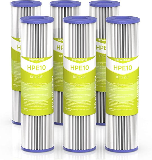 20 Micron Whole House Water Filter Cartridge, Pleated Sediment Filters for Well Water, Universal Replacement for Any 10 inch RO Unit - 10" x 2.5" Cartridges - Pack of 6