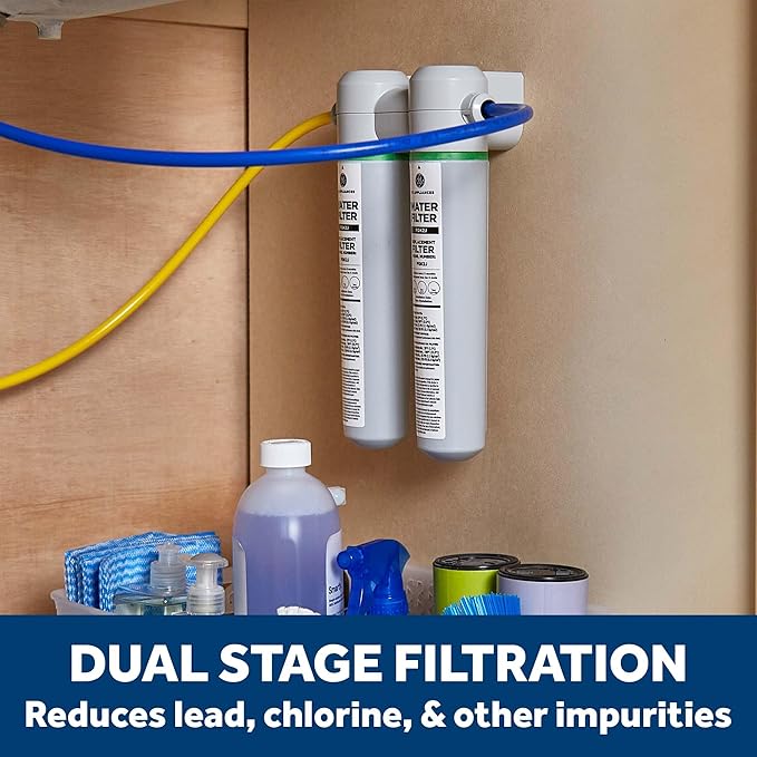 GE Dual Stage Under Sink Water Filtration System with Faucet, Reduces Lead, Chlorine & More, Easy Install, Twist & Lock Design, Replace Filters (FQK2J) Every 6 Months, GXK255TBN