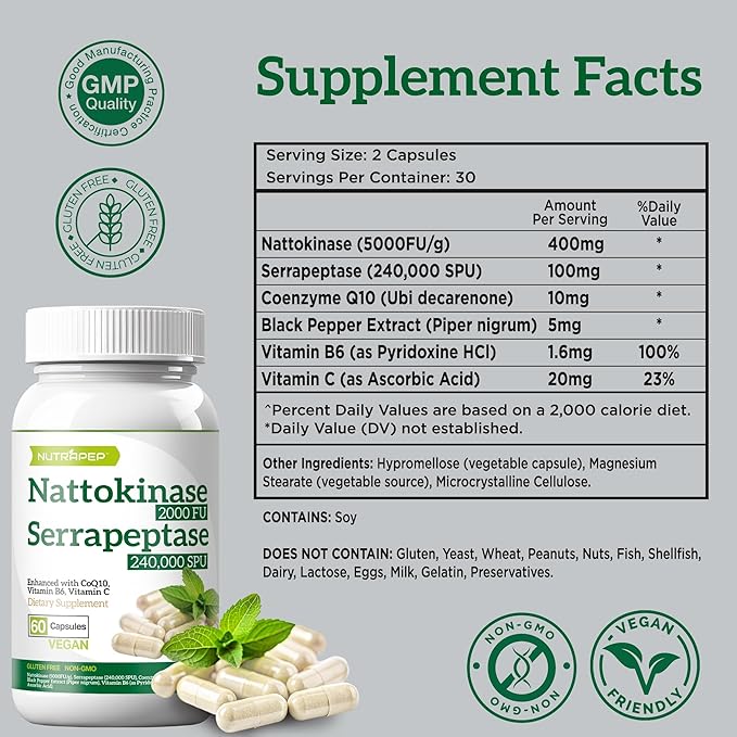 Nattokinase 2000 FU Serrapeptase 240000 SPU Supplement - Enhanced with Coenzyme CoQ10 Vitamin B6 Vitamin C Black Pepper Extract - Nattokinase 400mg Capsule for Men Women