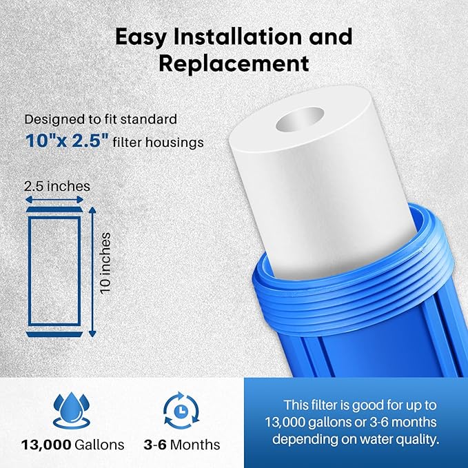 PUREPLUS 5 Micron 10" x 2.5" Whole House Sediment Home Water Filter Cartridge Replacement for Any 10 inch RO Unit, Culligan P5, Aqua-Pure AP110, Dupont WFPFC5002, CFS10, WHKF-G05, 6Pack