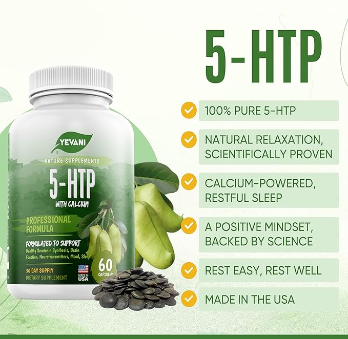 100% Pure 5-HTP Formula with Calcium for Mood, Stress, and Sleep Supplement for Adults - Neurotransmitter Support - 5-Hydroxytryptophan - 60 Capsules, 30 Servings