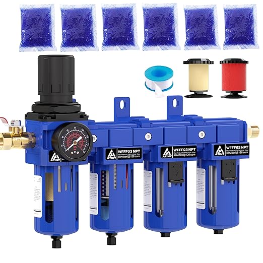3/8 Inch NPT 4 Stage Air Drying System,Brass Filter, Coalescing Filter,Double Desiccant Dryers & Air Regulator,Metal Bowl, Semi-Auto Drain,Industrial Grade(Blue)