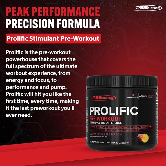 PEScience Prolific Pre Workout Powder for Men & Women with L-Citrulline Nitric Oxide Booster, Energy Powder & Nootropic for Focus – Preworkout Without Beta Alanine – 40 Scoops, Guava Pineapple Punch