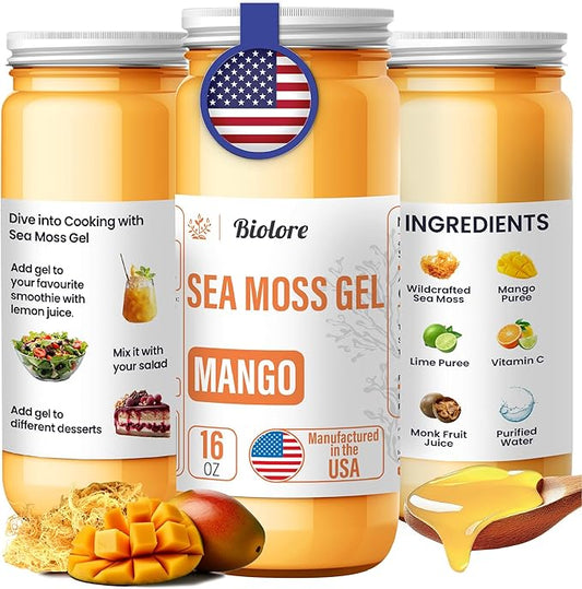 Sea Moss Gel - Mango 16oz, Wildcrafted Irish Seamoss with Essential Vitamins & Trace Minerals, Vegan Superfood Made in USA