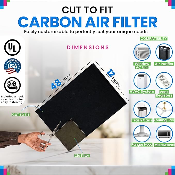 Cut to Fit Activated Carbon Filter Sheet 12” x 48” - Activated Carbon Air Filter for Air Purifiers Window AC Air Vent And More - Charcoal Filters Absorb Odors & Freshens the Air (1-Pack)