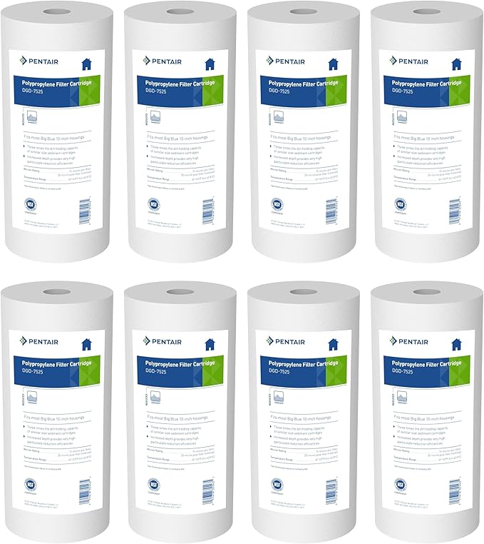 Pentair Pentek DGD-7525 Big Blue Water Filter, 10-Inch Whole House Sediment Filter Cartridge Replacement, Dual-Gradient Density Spun Polypropylene, 10" x 4.5", 25 Micron, Pack of 8
