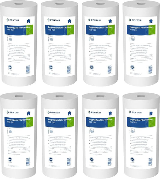 Pentair Pentek DGD-7525 Big Blue Water Filter, 10-Inch Whole House Sediment Filter Cartridge Replacement, Dual-Gradient Density Spun Polypropylene, 10" x 4.5", 25 Micron, Pack of 8