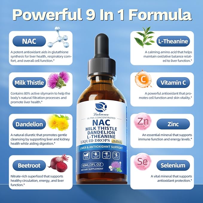Liposomal NAC Supplement N-Acetylcysteine -700mg for Lung Health & Immune, Liver Support & Antioxidants* 9-in-1 Freeform N-Acetyl-L-Cysteine Drops w/Milk Thistle, L-Theanine, Beet Root, Vegan-2oz
