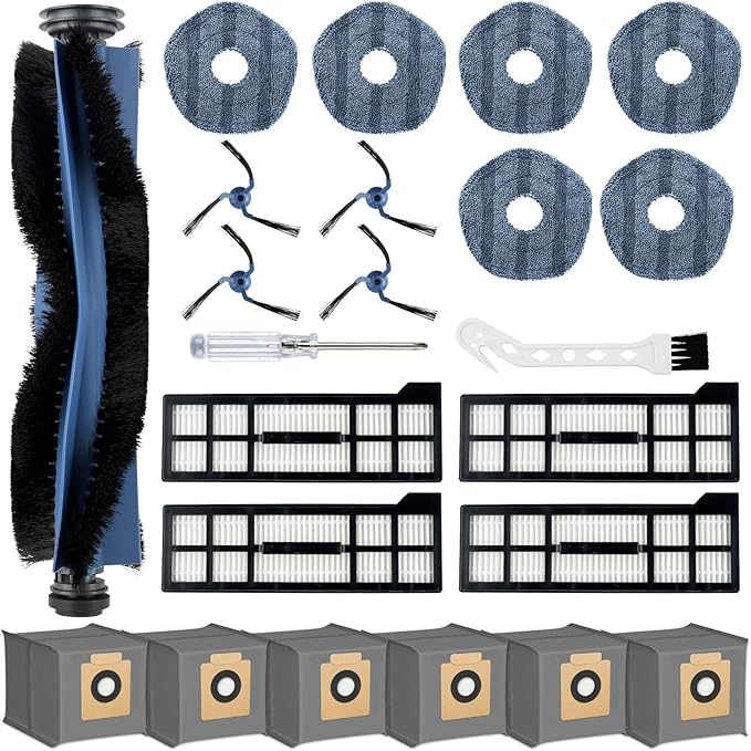 23 Pack X10 Pro Omni Replacement Parts for Eufy X10 Pro Omni Robot Vacuum, 1 Main Brush, 4 Hepa Filters, 4 Side Brushes, 6 Mop Pads, 6 Dust Bags, 1 Screwdriver 1 Cleaning Brush
