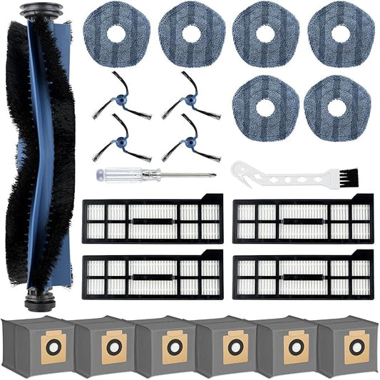 23 Pack X10 Pro Omni Replacement Parts for Eufy X10 Pro Omni Robot Vacuum, 1 Main Brush, 4 Hepa Filters, 4 Side Brushes, 6 Mop Pads, 6 Dust Bags, 1 Screwdriver 1 Cleaning Brush