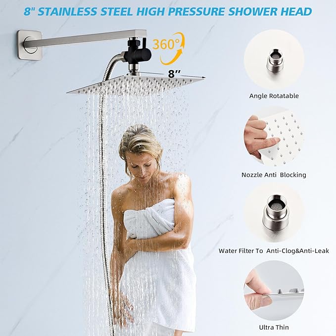 Shower Head Combo, 8 Inch Rain Shower Head with Handheld High Pressure Rainfall Shower Heads System, 15 Inch Shower Adjustable Extension Arm, Brushed Nickel