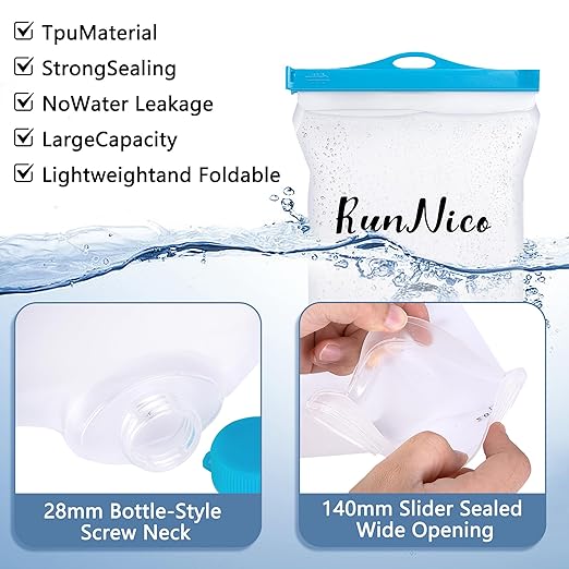 RunNico 2L/68oz Flow Water Filters Bag, Wide Mouth Water Storage Bag Compatible with 28mm Filter, Outdoor Foldable Water Filtration Reservoir for Expedition Camping Cycling Hiking Running (2 Pcs)