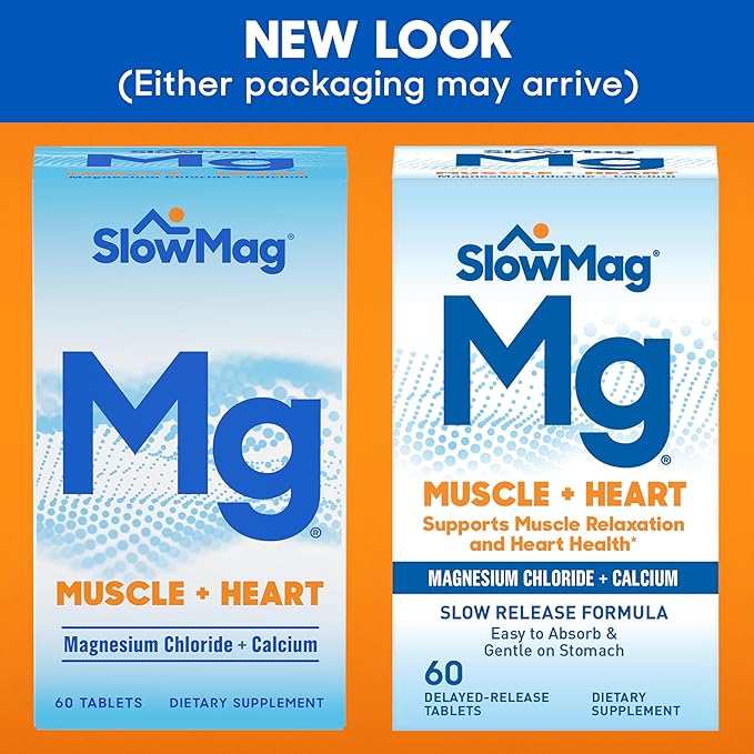 SlowMag Muscle & Heart Magnesium Chloride Supplement with Calcium, 60 Count, Supports Muscle Relaxation, Heart, Nerve & Bone Health, High Absorption