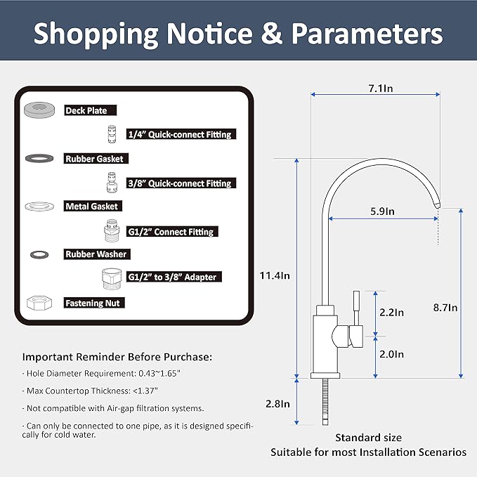 Water Filter Faucet, VMASSTONE Reverse Osmosis Faucet Fits Most RO Units or Water Filtration System in Non-Air Gap, Lead-Free Stainless Steel Drinking Water Faucet for Bar Kitchen Sink, RV (DM001 BN)