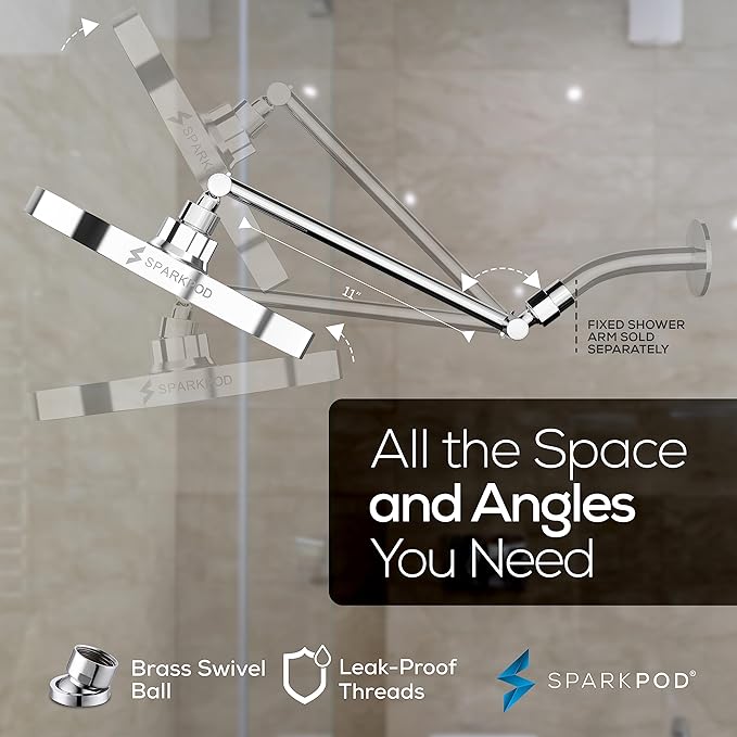 SparkPod Round Rain Shower Head with Shower Head Extension Arm - High Pressure Rain - Luxury Modern Look - No Hassle Tool-less 1-Min Installation (11" Shower Arm Extension, Luxury Polished Chrome)