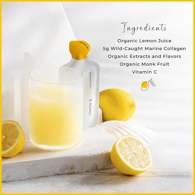 LEMON & CO. Lemon Collagen Elixir - 5g Wild Caught Marine Collagen with Vitamin C & Organic Lemons - Non-GMO, Sugar-Free, Preservative-Free Collagen Water for Nails, Hair & Skin - 14 Packets
