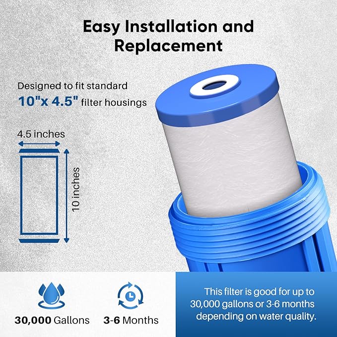 PUREPLUS 5 Micron 10" x 4.5" FXHTC Whole House Sediment and Carbon Water Filter Replacement Cartridge for GE GXWH40L, GXWH35F, GNWH38S, Culligan RFC-BBSA, WRC25HD, RFC-BB, PP10BB-CC, WFHD13001, 3Pack