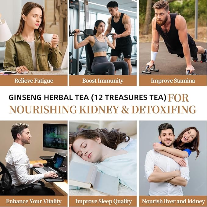Ginseng Herbal Tea 12 Treasures – Natural Kidney & Liver Wellness Detox Tea, Caffeine-Free Chinese Herbal Blend with Red Dates, Goji Berry,Ginseng, Maca – 25 Individually Wrapped Pyramid Tea Bags (250 g)