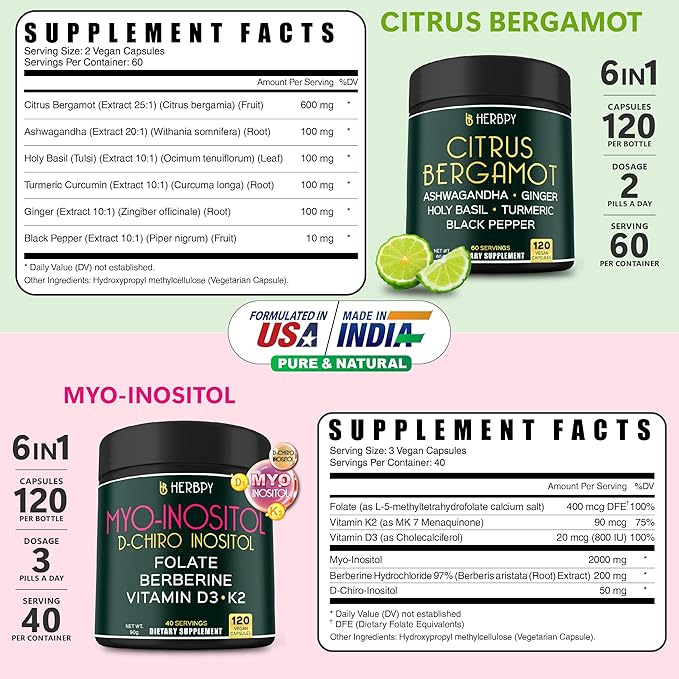 Bundle 6in1 Citrus Bergamot Complex 120 Count & 6in1 Myo-inositol & D-Chiro Inositol Supplement for Women 120 Count - for Digestion, Relaxation, & Overall Health