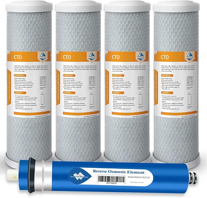 Membrane Solutions Combo Pack for FX12M and FX12P, Water Filter Replacement Cartridges Compatible with GE GXRM10RBL GXRM10G Reverse Osmosis Systems, 4x 10-Inch Carbon Filters, 1x 50GPD RO Membranes