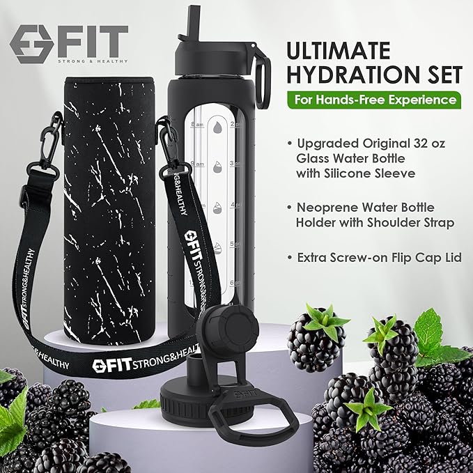 FIT Strong & Healthy 32 oz Glass Water Bottle with Straw Lid, Time Marker, Sleeve & Extra Lid - Motivational, Wide Mouth 1 Liter Glass Drinking Bottle