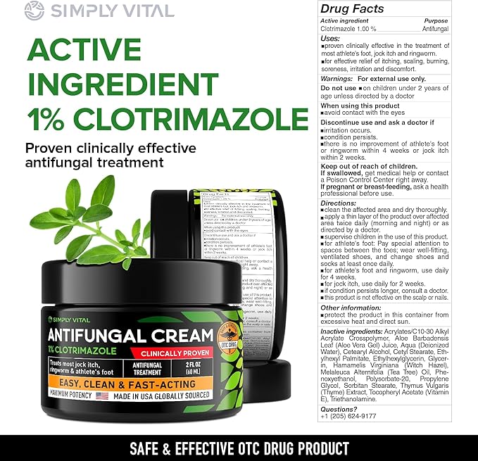 SimplyVital Antifungal Cream with Clotrimazole 1% - Foot Skin Fungus Treatment Extra Strength for Humans - Anti fungal Treatment for Ringworm, Jock Itch & Athlete’s Foot – Made in USA – 2 oz