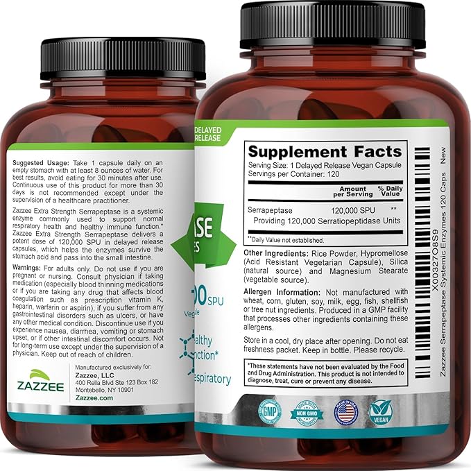 Zazzee Delayed Release Serrapeptase, 120,000 SPU per Capsule, 120 Vegan Capsules, 4 Month Supply, Extra Strength, Potent and Concentrated Systemic Enzymes, 100% Vegetarian, All-Natural and Non-GMO