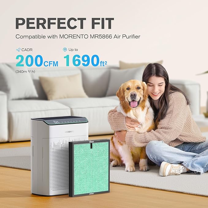 MORENTO Genuine Air Purifier Replacement Filter, True HEPA Filter Compatible with MR5866 for 99.97% Air Pollutants, Odor and Smoke, Pet Dander Version Green 2 Pack